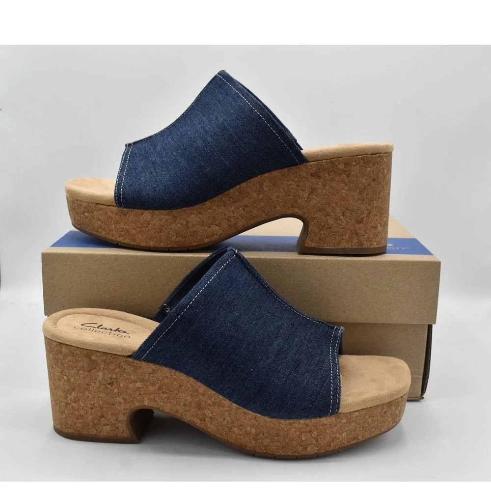 Clarks Womens Size 10 Nerisa Vine Dark Denim Heeled Sandals Slides Shoes